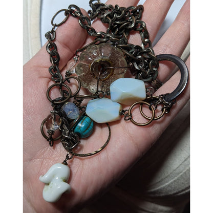 Handmade Upcycled Chunky Glass And Moonstone Beaded Chain Necklace