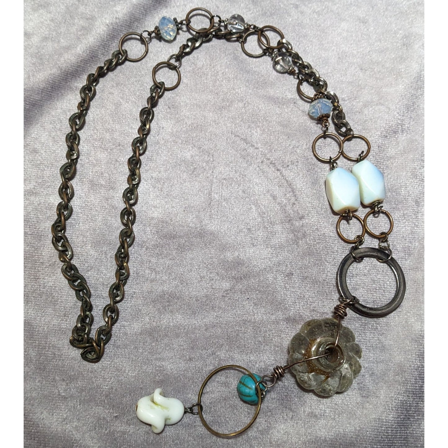 Handmade Upcycled Chunky Glass And Moonstone Beaded Chain Necklace