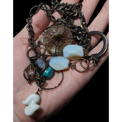 Handmade Upcycled Chunky Glass And Moonstone Beaded Chain Necklace