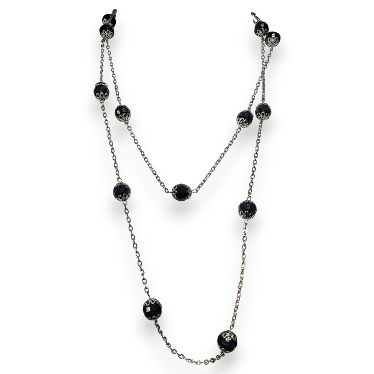 Gothic Glam Black Faceted Bead Silver Tone Station Necklace 29 Inch