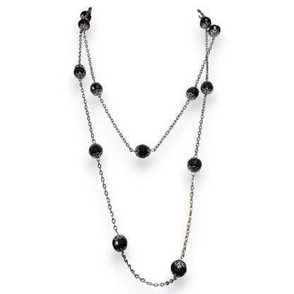 Gothic Glam Black Faceted Bead Silver Tone Station Necklace 29 Inch