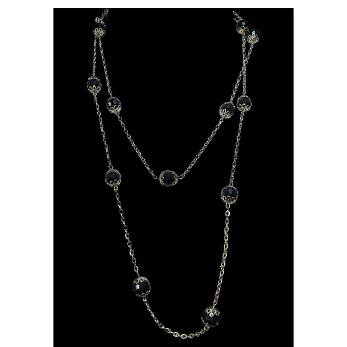 Gothic Glam Black Faceted Bead Silver Tone Station Necklace 29 Inch