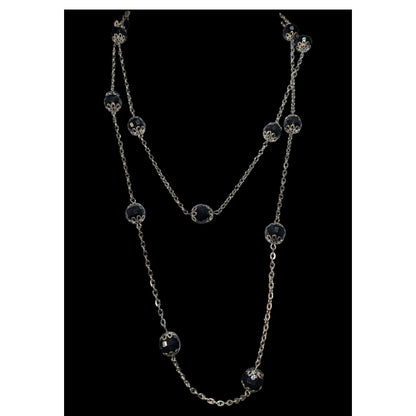 Gothic Glam Black Faceted Bead Silver Tone Station Necklace 29 Inch