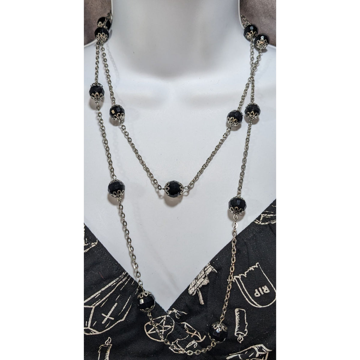 Gothic Glam Black Faceted Bead Silver Tone Station Necklace 29 Inch