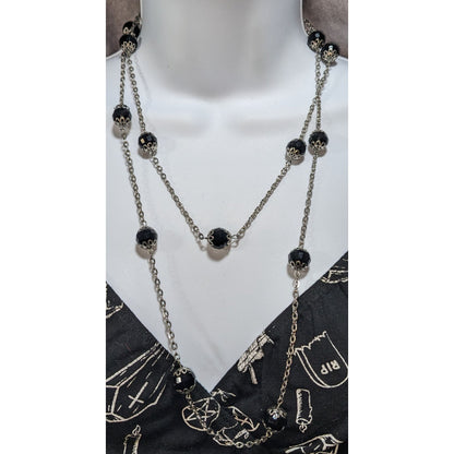 Gothic Glam Black Faceted Bead Silver Tone Station Necklace 29 Inch