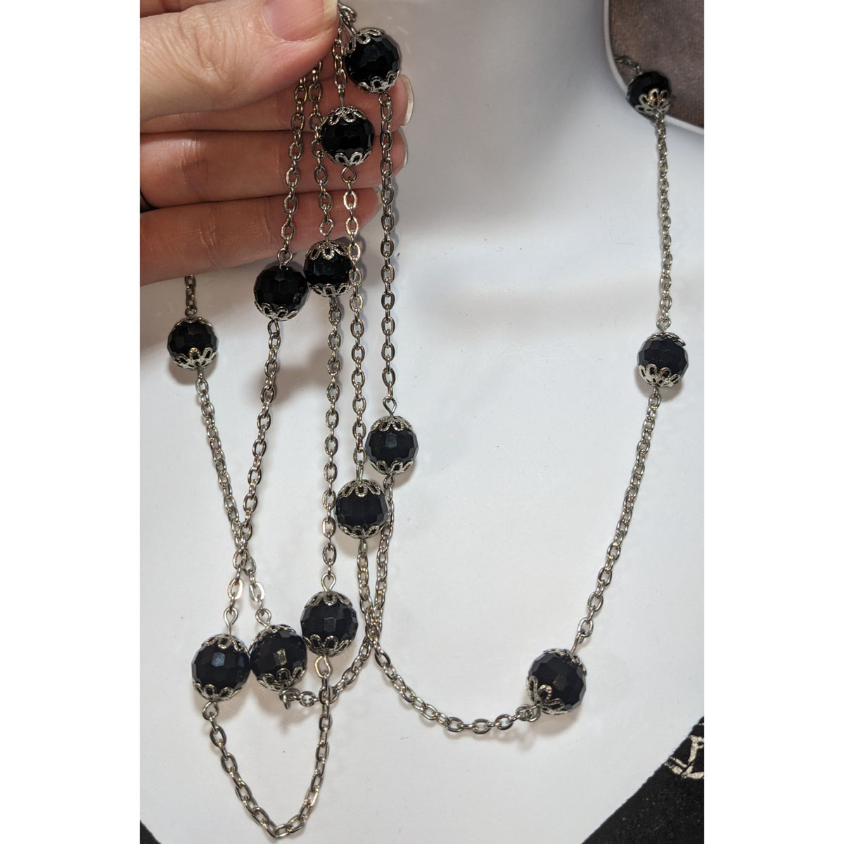 Gothic Glam Black Faceted Bead Silver Tone Station Necklace 29 Inch