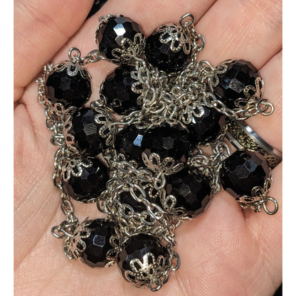 Gothic Glam Black Faceted Bead Silver Tone Station Necklace 29 Inch