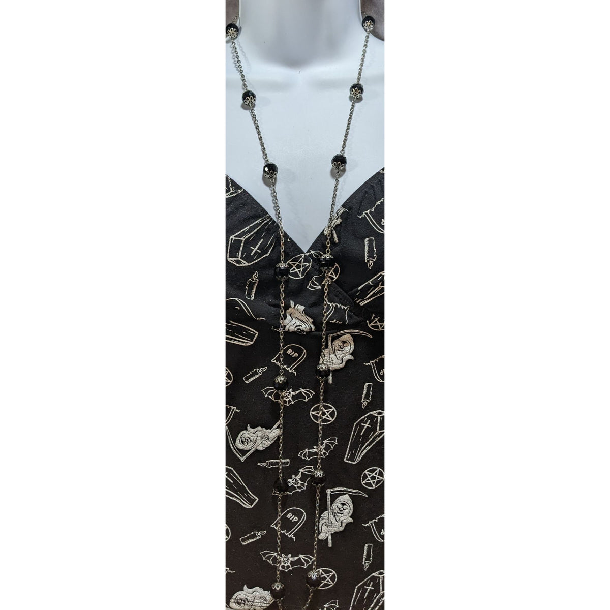 Gothic Glam Black Faceted Bead Silver Tone Station Necklace 29 Inch