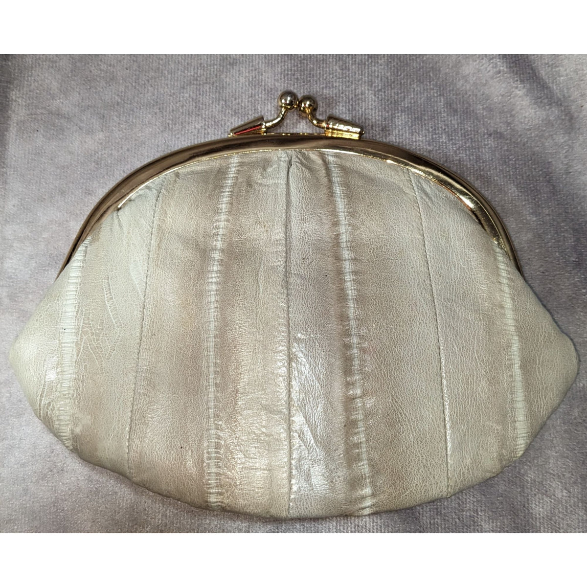 Vintage Victorian Eel Skin Leather Cream Gold Kiss Lock Double Coin Purse 7 Inch