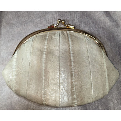 Vintage Victorian Eel Skin Leather Cream Gold Kiss Lock Double Coin Purse 7 Inch