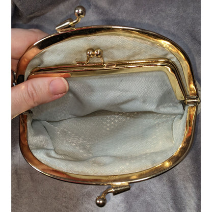 Vintage Victorian Eel Skin Leather Cream Gold Kiss Lock Double Coin Purse 7 Inch