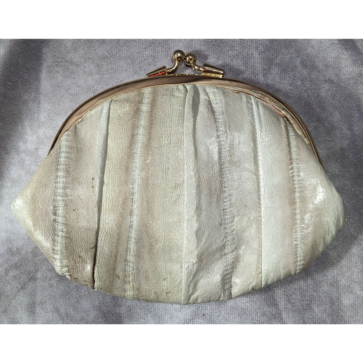 Vintage Victorian Eel Skin Leather Cream Gold Kiss Lock Double Coin Purse 7 Inch