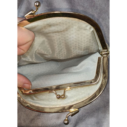 Vintage Victorian Eel Skin Leather Cream Gold Kiss Lock Double Coin Purse 7 Inch