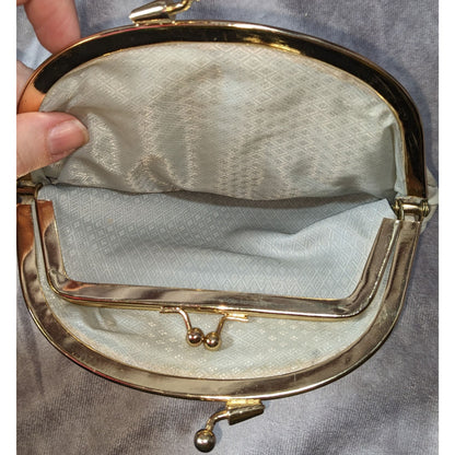 Vintage Victorian Eel Skin Leather Cream Gold Kiss Lock Double Coin Purse 7 Inch