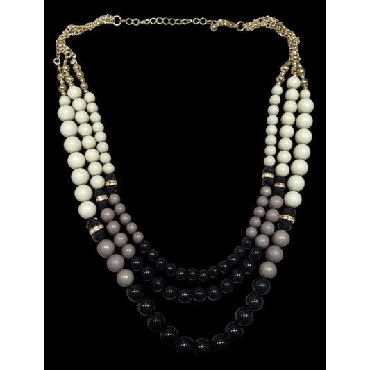Elegant Layered Black And Grey Beaded Necklace With Rhinestone Accents