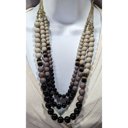 Elegant Layered Black And Grey Beaded Necklace With Rhinestone Accents