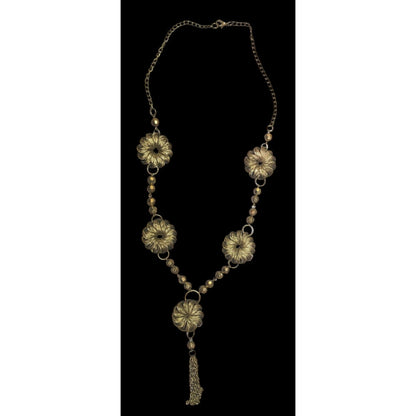 Vintage Wire Wrap Gold tone Floral Beaded Tassel Necklace