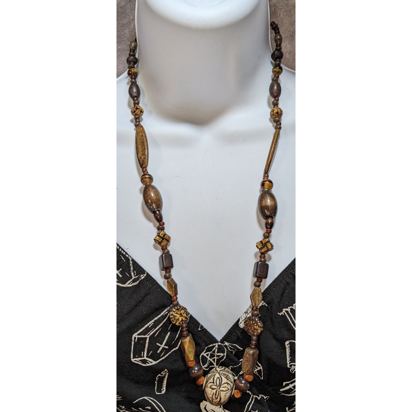 Vintage Handmade Rustic Beaded Necklace With Carved Floral Pendant
