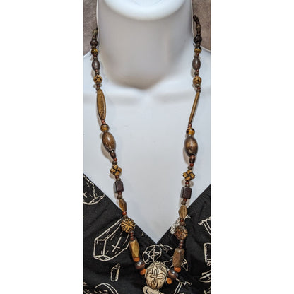 Vintage Handmade Rustic Beaded Necklace With Carved Floral Pendant