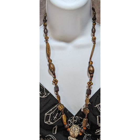 Vintage Handmade Rustic Beaded Necklace With Carved Floral Pendant
