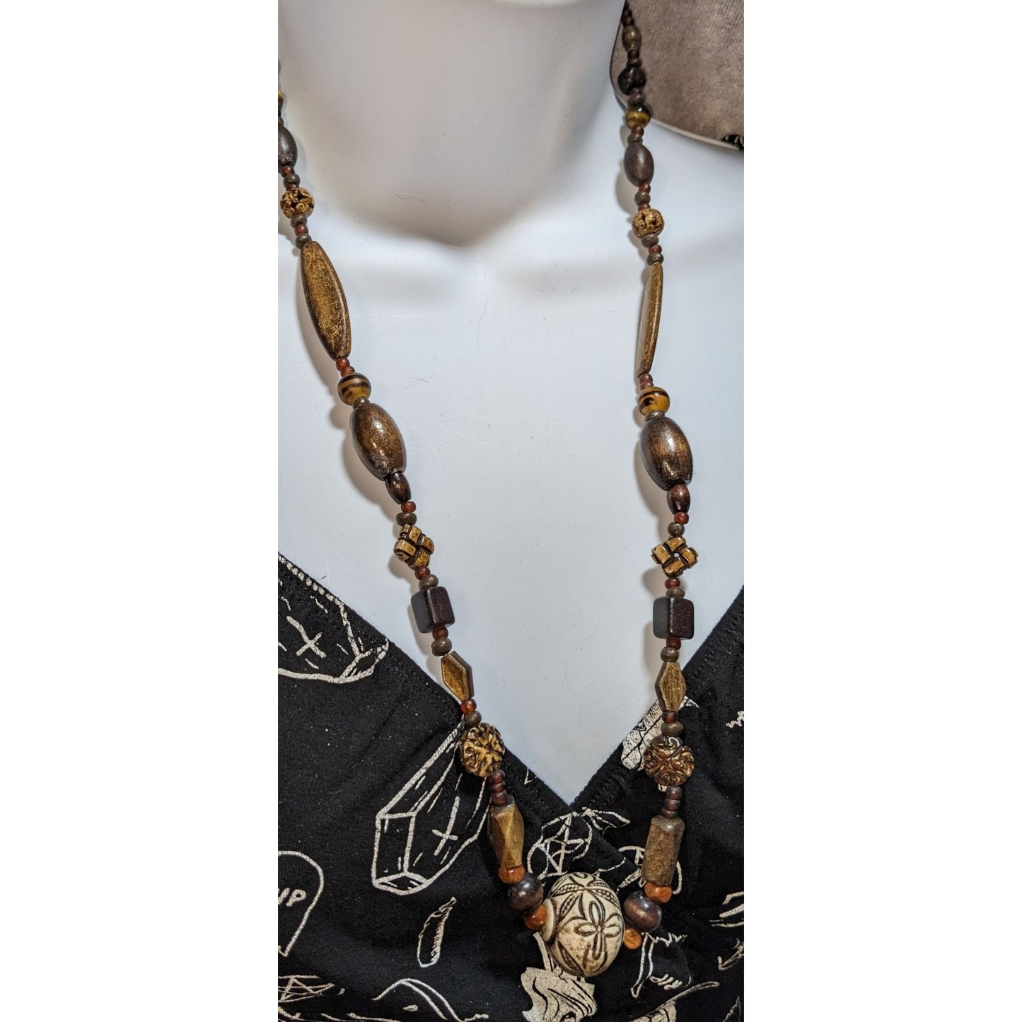 Vintage Handmade Rustic Beaded Necklace With Carved Floral Pendant