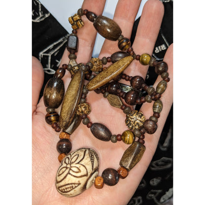 Vintage Handmade Rustic Beaded Necklace With Carved Floral Pendant