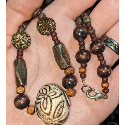 Vintage Handmade Rustic Beaded Necklace With Carved Floral Pendant