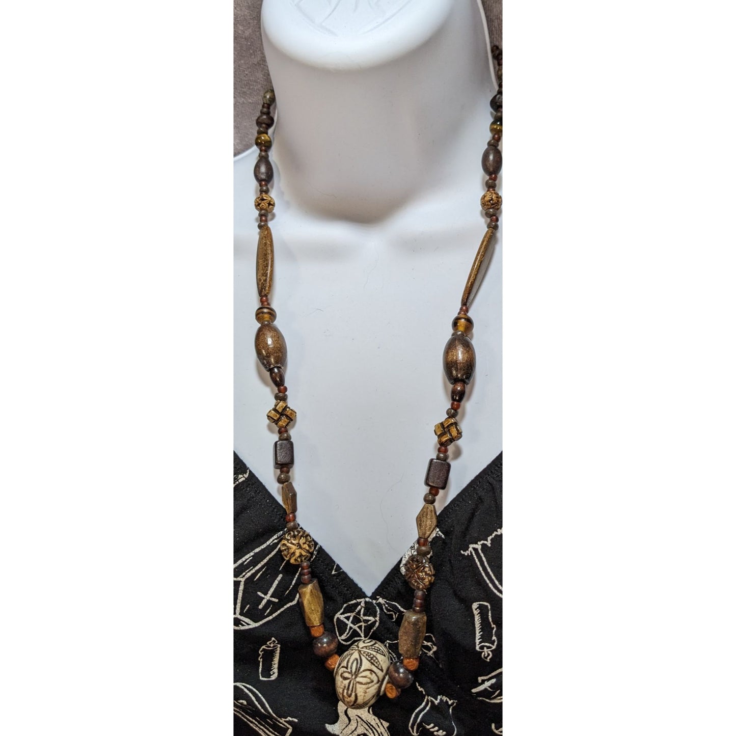 Vintage Handmade Rustic Beaded Necklace With Carved Floral Pendant