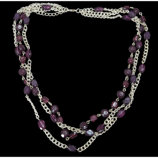 Elegant Layered Purple And Silver Tone Beaded Chain Necklace