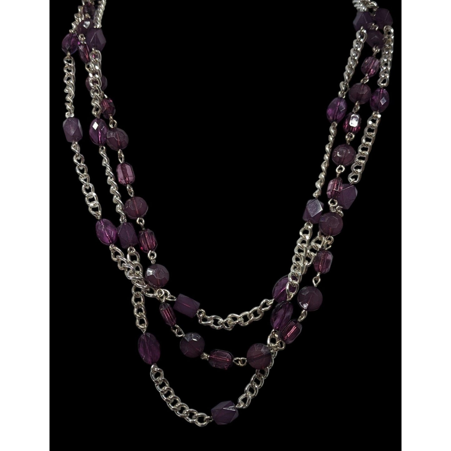 Elegant Layered Purple And Silver Tone Beaded Chain Necklace