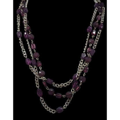 Elegant Layered Purple And Silver Tone Beaded Chain Necklace