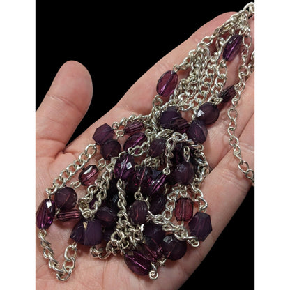 Elegant Layered Purple And Silver Tone Beaded Chain Necklace
