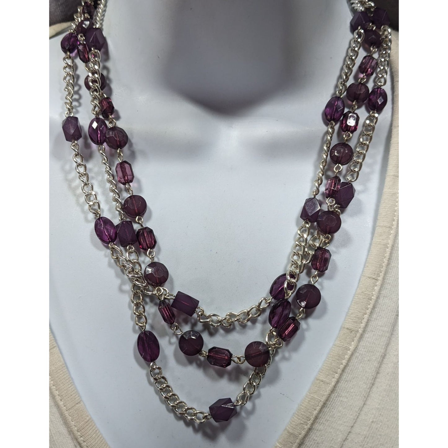 Elegant Layered Purple And Silver Tone Beaded Chain Necklace