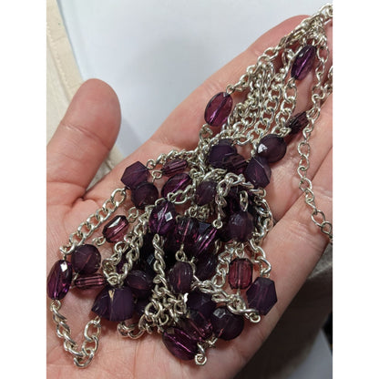 Elegant Layered Purple And Silver Tone Beaded Chain Necklace