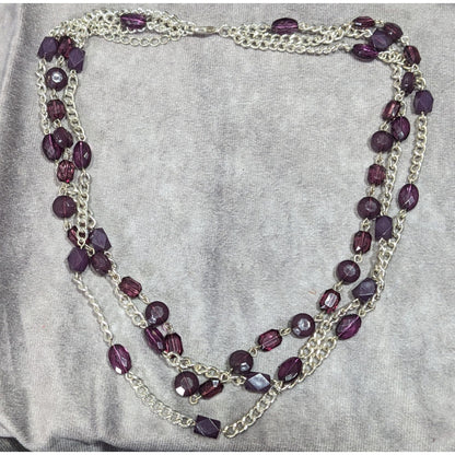 Elegant Layered Purple And Silver Tone Beaded Chain Necklace