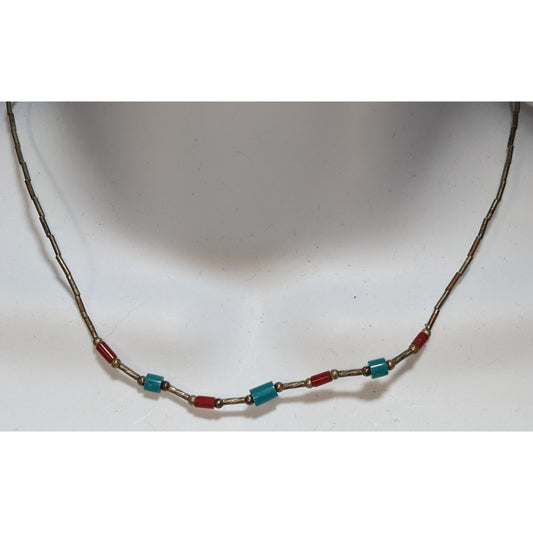 Vintage Minimalist Turquoise, Coral, And Silver Necklace