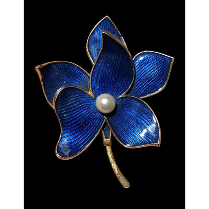 Vintage Gold Tone Blue Enamel Faux Pearl Floral Brooch