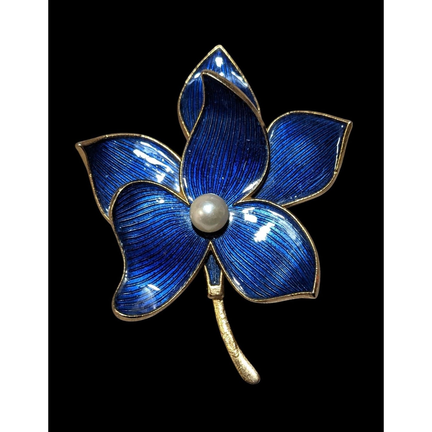 Vintage Gold Tone Blue Enamel Faux Pearl Floral Brooch