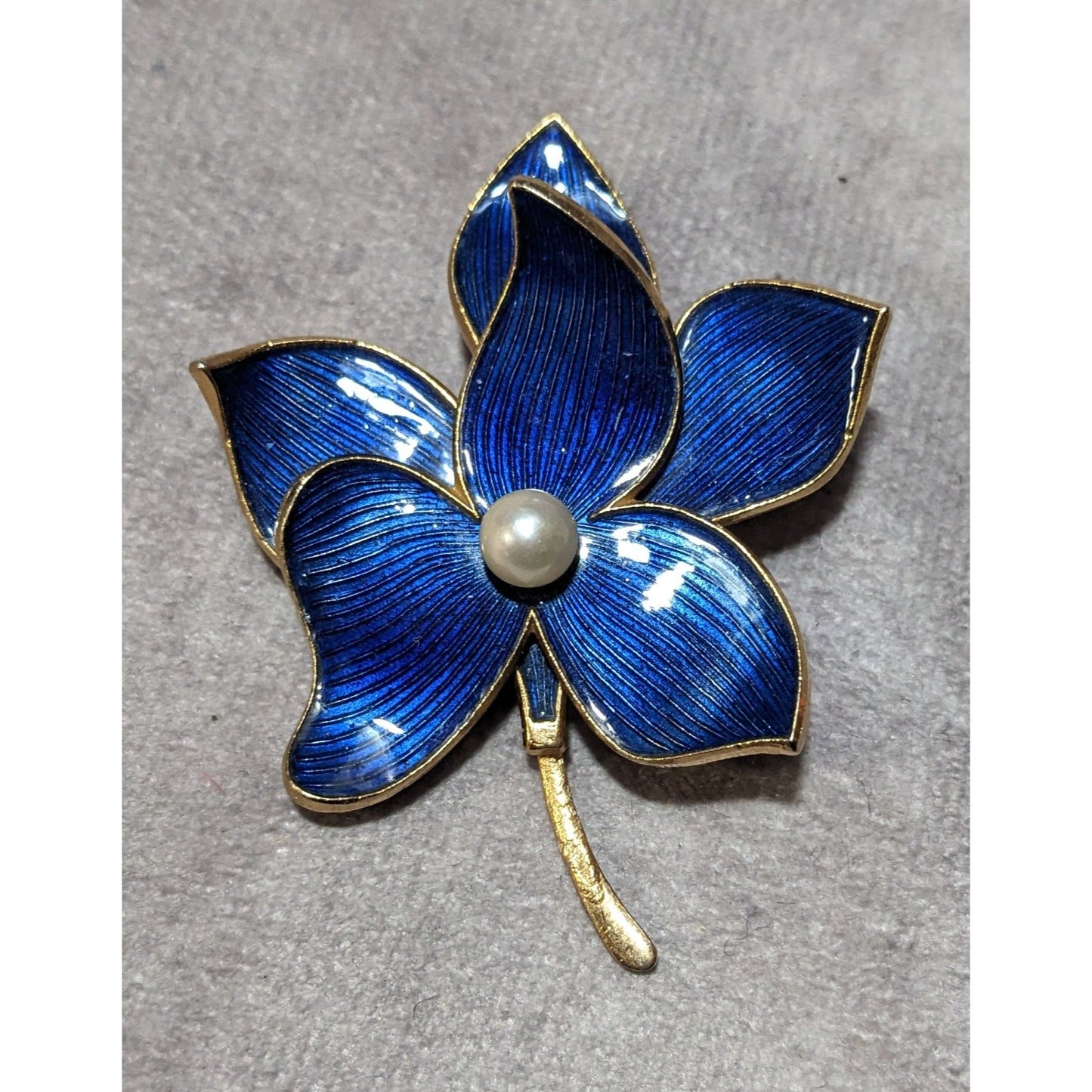 Vintage Gold Tone Blue Enamel Faux Pearl Floral Brooch