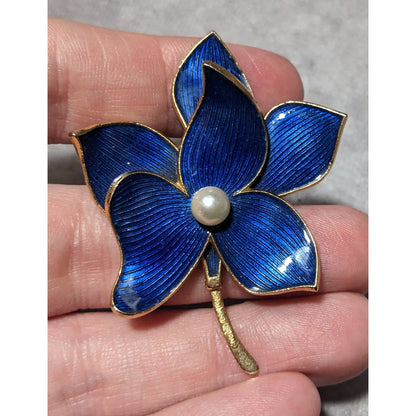 Vintage Gold Tone Blue Enamel Faux Pearl Floral Brooch