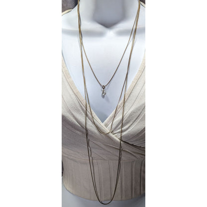 Elegant Triple Layer Gold Tone Snake Chain Necklace With Teardrop Accent