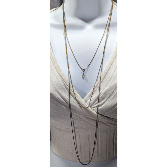 Elegant Triple Layer Gold Tone Snake Chain Necklace With Teardrop Accent