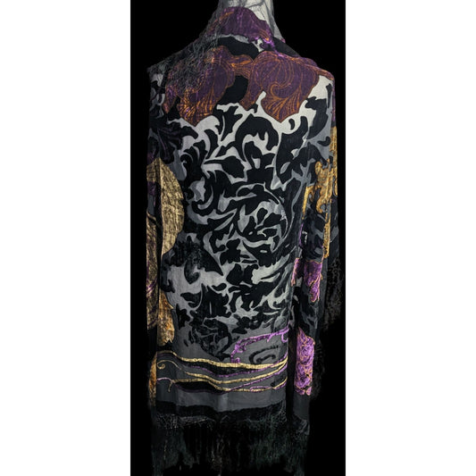 Vintage Burnt Velvet Shawl With Gold & Purple Floral Design
