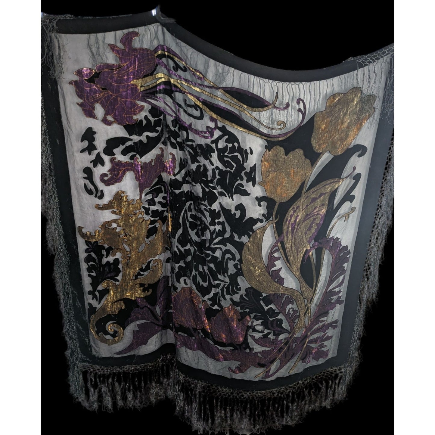 Vintage Burnt Velvet Shawl With Gold & Purple Floral Design
