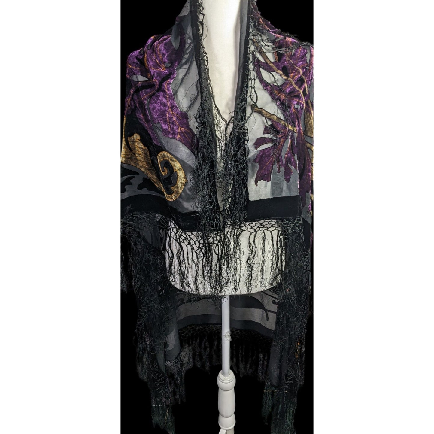 Vintage Burnt Velvet Shawl With Gold & Purple Floral Design