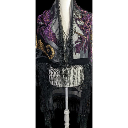 Vintage Burnt Velvet Shawl With Gold & Purple Floral Design