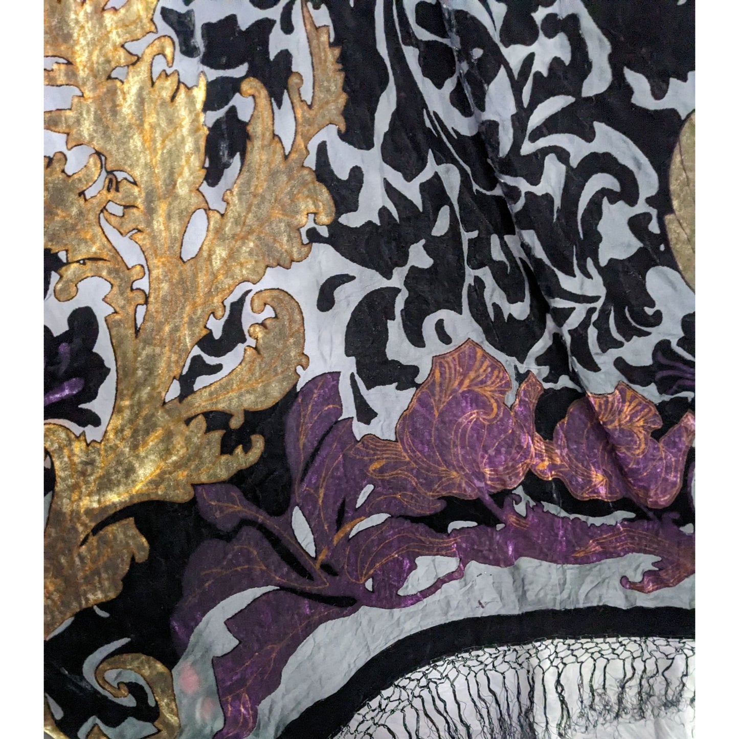 Vintage Burnt Velvet Shawl With Gold & Purple Floral Design