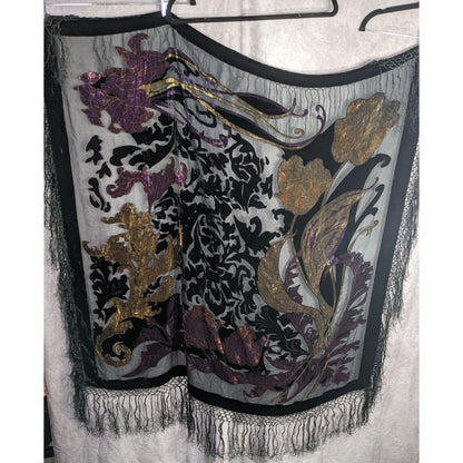 Vintage Burnt Velvet Shawl With Gold & Purple Floral Design