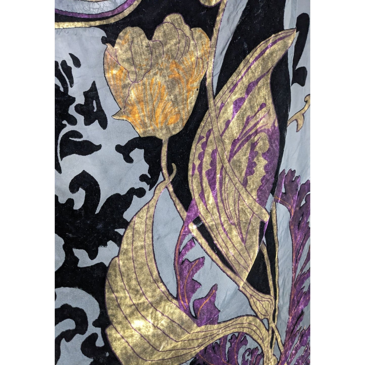 Vintage Burnt Velvet Shawl With Gold & Purple Floral Design