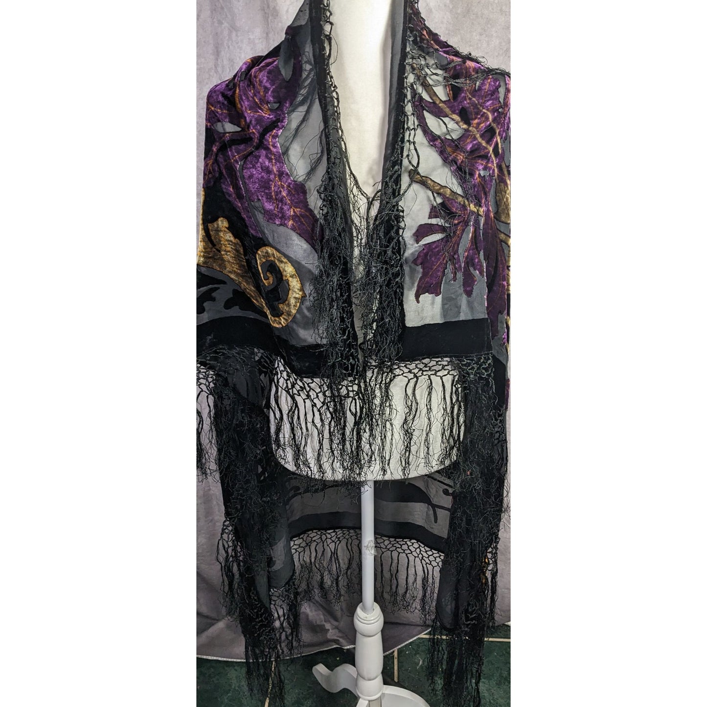 Vintage Burnt Velvet Shawl With Gold & Purple Floral Design